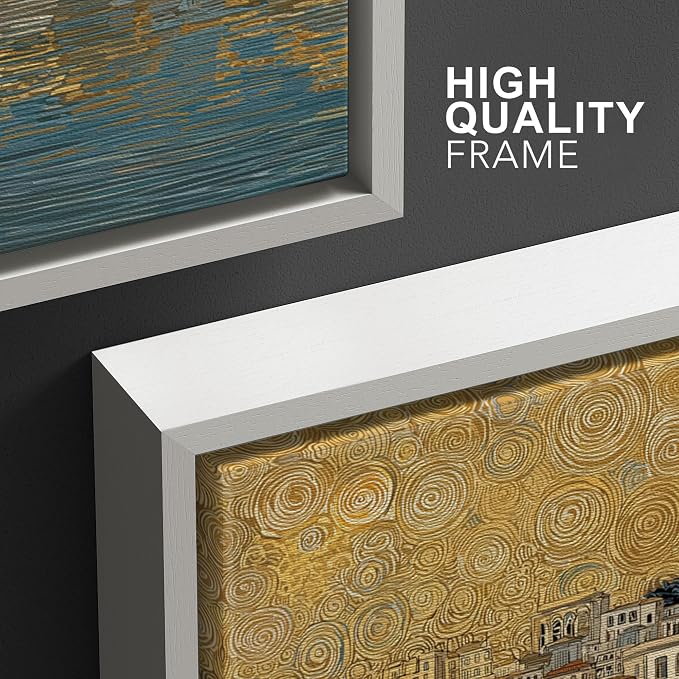 wall26 Framed Print Wall Art Set Golden Cityscape Reflection Gustav Klimt Inspired Coastal TownDecorative Minimal Relax/Zen for Living Room, Bedroom, Office - 24"x36"x3 WHITE
