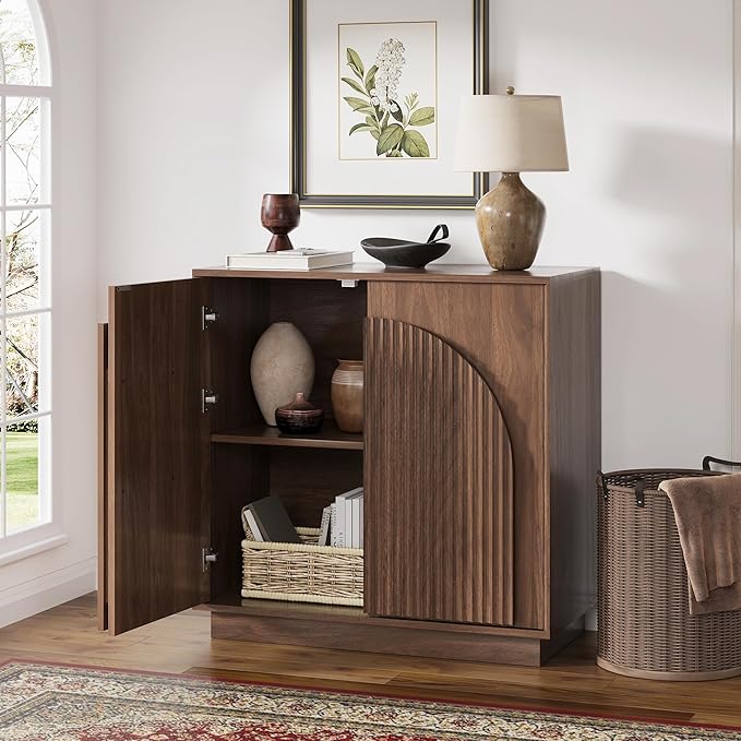 win2win Fluted Sideboard Buffet Cabinet with Storage, 31.5" Mid Century Modern Accent Cabinet with Double-Layered Arch Door, Small Wood Console Credenza for Dining Living Room Entryway, Walnut, 3PCS