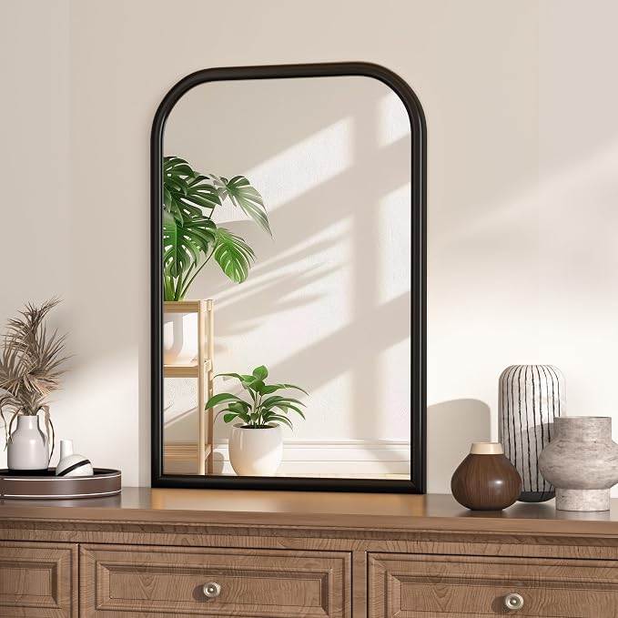 Arch Wall Mirror for Wall Mounted, Tempered Glass, Wood Grain Finish Frame Wall Mirror Decorative for Bedroom Living Room Vanity Mirror (Black, 30" L x 20" W)