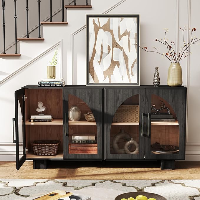 Sideboard Buffet Cabinet with Storage,63” Modern Accent Console Cabinet with Glass Doors,Arched Credenza Storage Cabinet with Adjustable Shelves for Entryway,Kitchen,Black