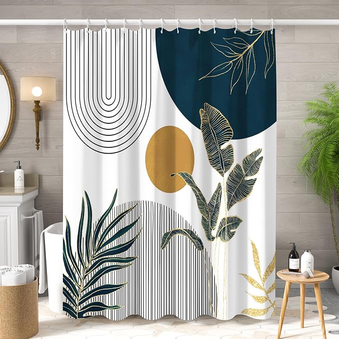 Mid Century Boho Shower Curtain, Abstract Modern Sun Minimalist Aesthetic Shower Curtain, Bohemian Geometric Arch Curve Leaves Neutral Art Fabric Bathroom Curtains Blue 72x84 inch