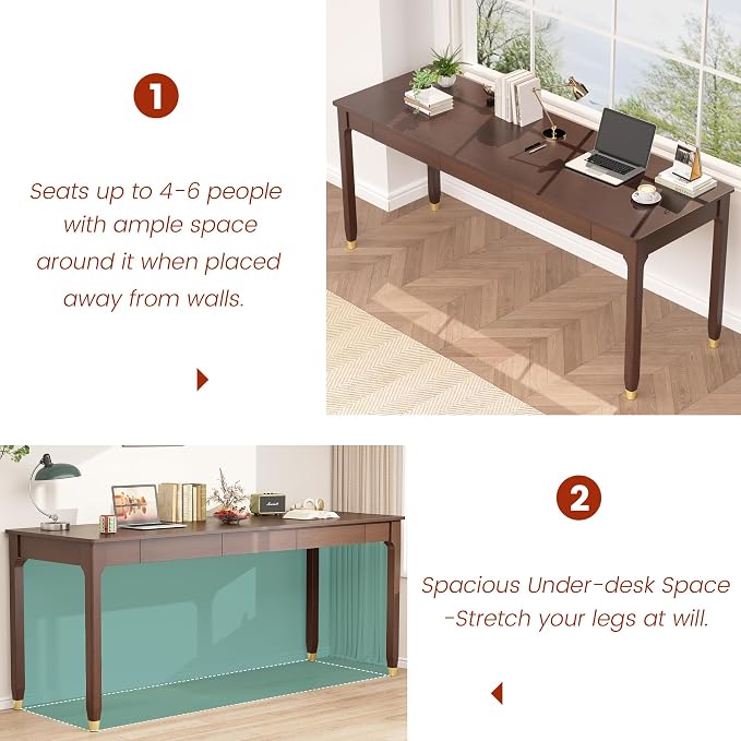 70.9” Long Solid Wood Desk with Drawers - Mid Century Modern Office Desks, Executive Computer Desk for Two People, 2 Person Desk|Gaming Writing Study Table for 2 Monitors-Dark Walnut