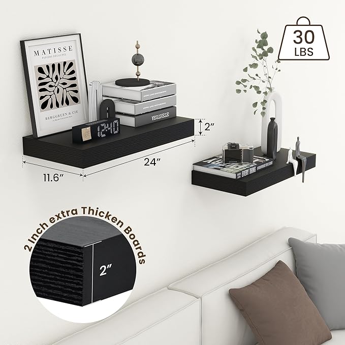 Deep Floating Shelves | 24 Inch Black Floating Shelves Set of 2 | 12 Inch Deep Rustic Wood Shelves for Wall | 24" W x 12" D Black Shelves for Living Room Bathroom Laundry Room Kitchen