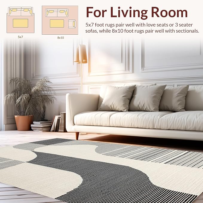 Flatwoven High Traffic Area Rug 4x6, Modern Zebra Inspired Abstract Stripe with Dynamic Flowing Lines, Non Slip, Stain Resistant, Washable Area Rugs for Living Room, Bedroom (Black, 4x6)
