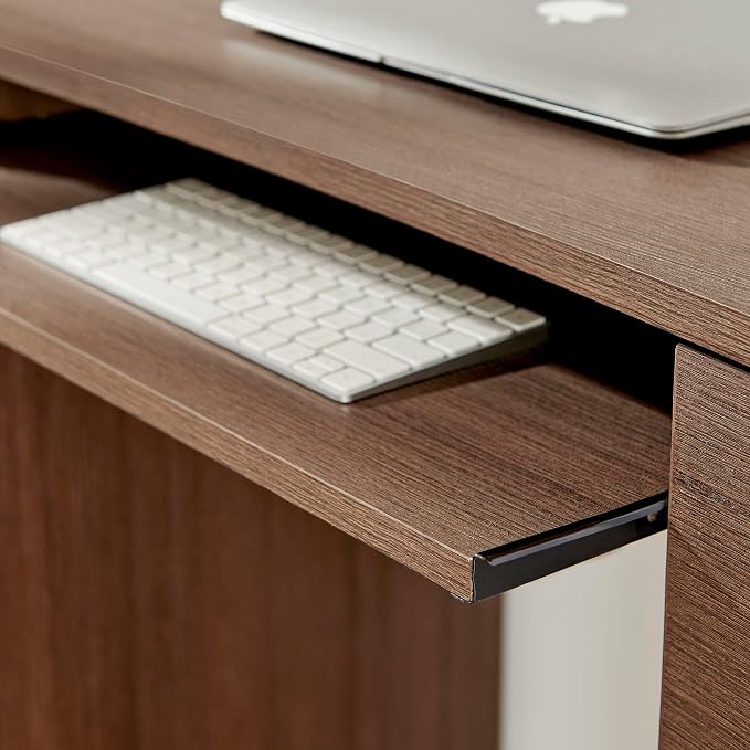 Modway Mirae 55 Inch Computer Desk with Drawers in Brushed Brown Oak – Modern Compact Office Desk with Keyboard Tray, Curved Edges, and 6 Storage Drawers for Bedroom, Dorm Room, or Vanity Setup