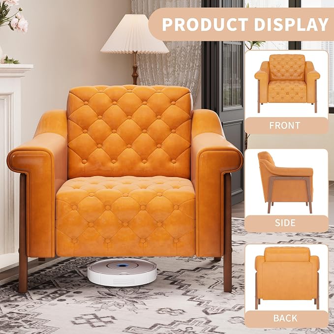 EJUNQ Faux Leather Accent Chair, Mid-Century Modern Armchair, Retro Upholstered Armchair Accent Chair Club Chair for Living Room, Bedroom, Waiting Room, Office, Orange