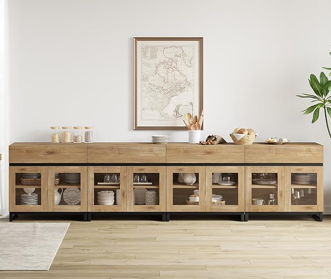 WAMPAT 4 in 1 Multifunctional Sideboard Buffet Cabinets with 8 Glass Doors and 4 Drawers, Modern Sideboard Credenza with and Metal Base, Coffee Bar Storage Cabinet for Living Room, Kitchen, Oak