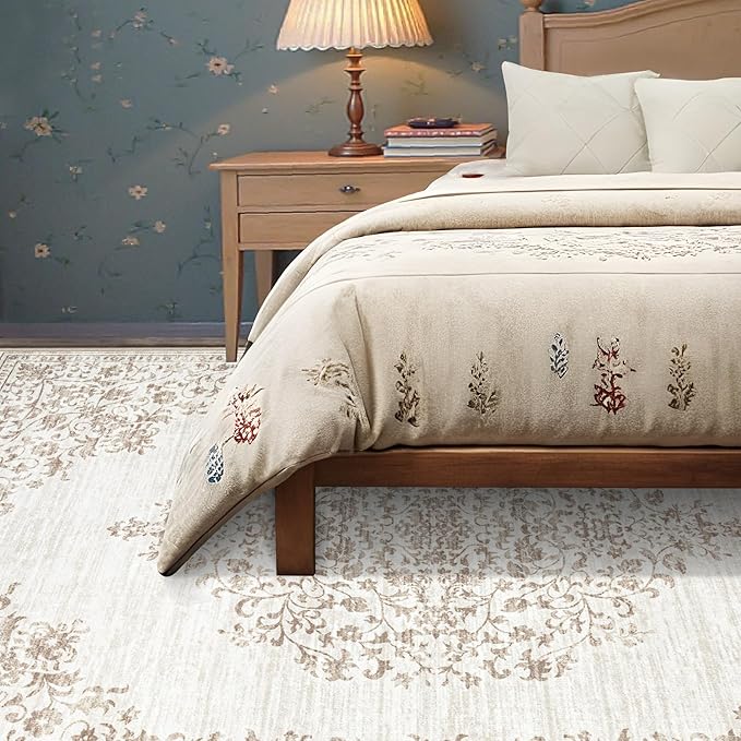 Area Rug 6x9 Vintage Rug: Washable Indoor Medallion Rugs Low Pile Distressed Floor Carpet Retro Accent Rug for Living Room Bedroom Kitchen Dining Table Home Office(Vintage Beige, 6'x9')