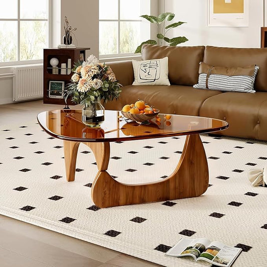 Modern Coffee Table for Living Room, 35.8" Mid Century Center Table,Brown Tempered Glass Triangle Top & Sturdy Solid Legs, Tea Table for Home Office, Easy Assembly