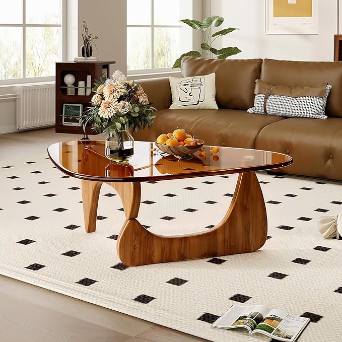Glass Coffee Table, Triangle Coffee Table for Small Space, 35.8" Mid Century Modern Center Tables w/Tempered Glass Tabletop & Solid Legs, for Living Room Home Office, Unique