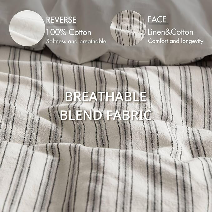 Madison Park Duvet Cover Set for Hot Sleepers - Linen Cotton Rayon Blend, Cal King Size 3 Piece Set with Shams - Lightweight & Breathable Bedding, Grey Striped Design