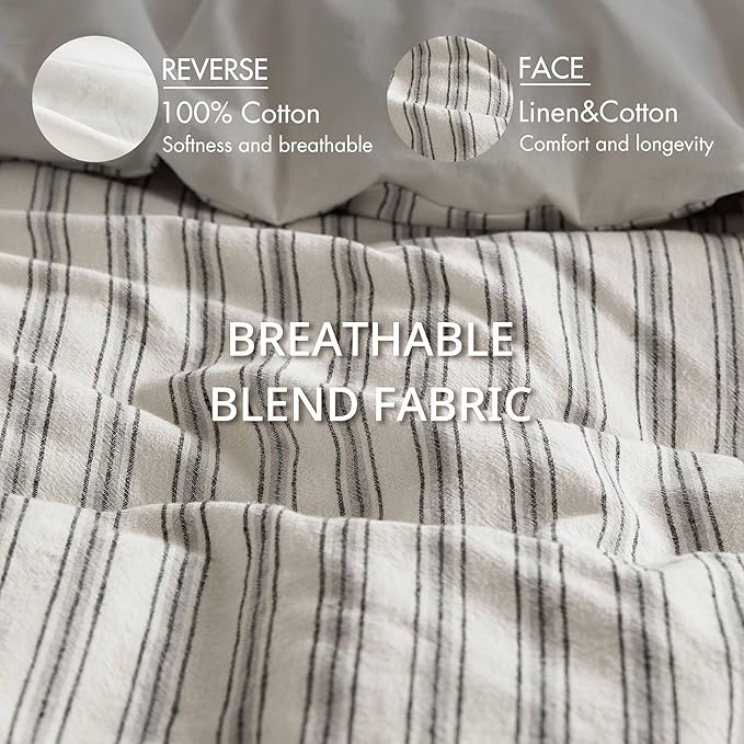 Madison Park Duvet Cover Set for Hot Sleepers - Linen Cotton Rayon Blend, King Size 3 Piece Set with Shams - Lightweight & Breathable Bedding, Grey Striped Design
