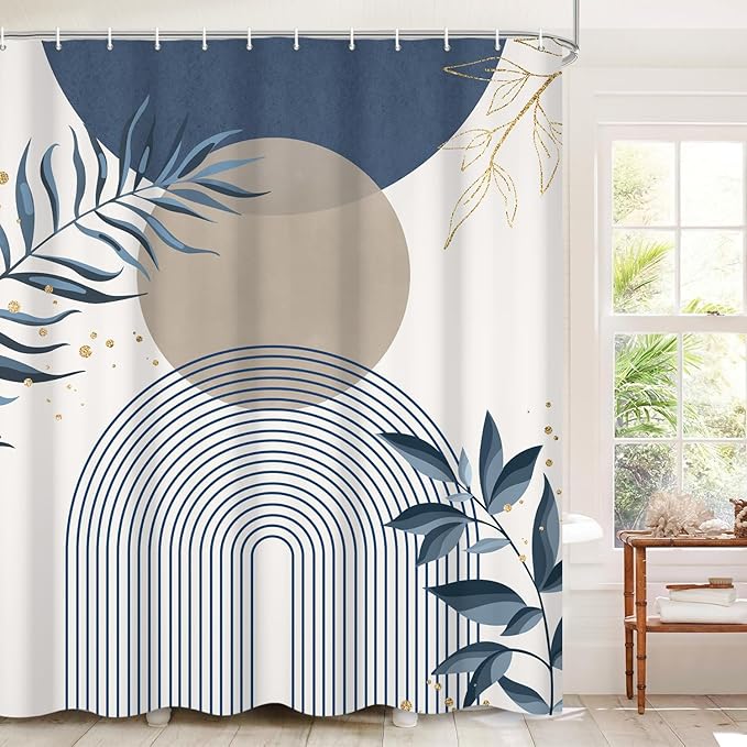 Boho Mid Century Shower Curtain, Navy Blue Modern Minimalist Abstract Geometric Gold Plant Leaves Sun Arch Bathroom Curtains Waterproof Fabric Buthtub Curtain Set with Hooks 36" Wx72 L