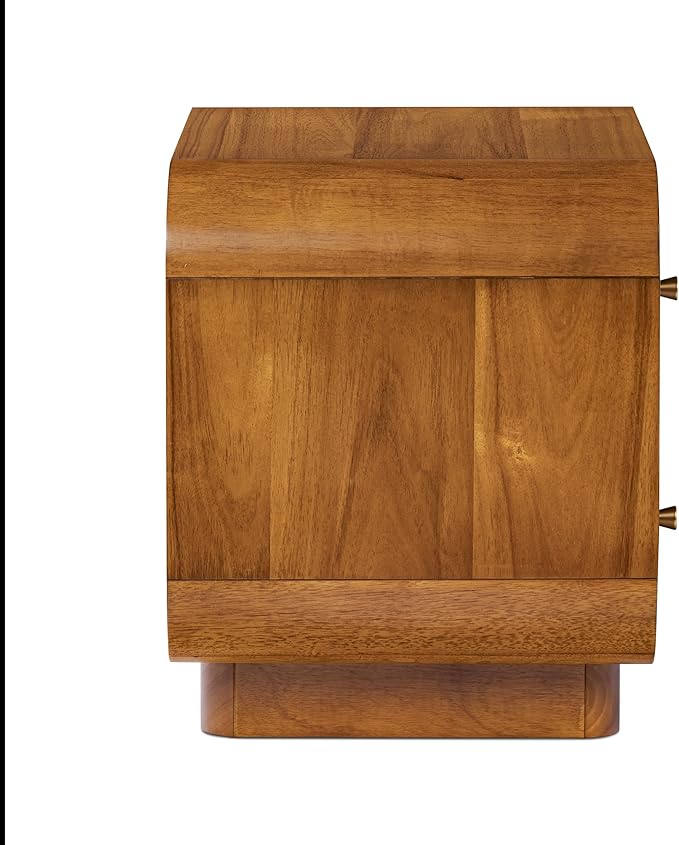 Poly & BARK Oslo 22” Nightstand – Mid-Century Modern Bedside Table with Soft-Close Drawers, Solid and Veneered Acacia Wood Construction, Brass Handles, Light Brown Finish