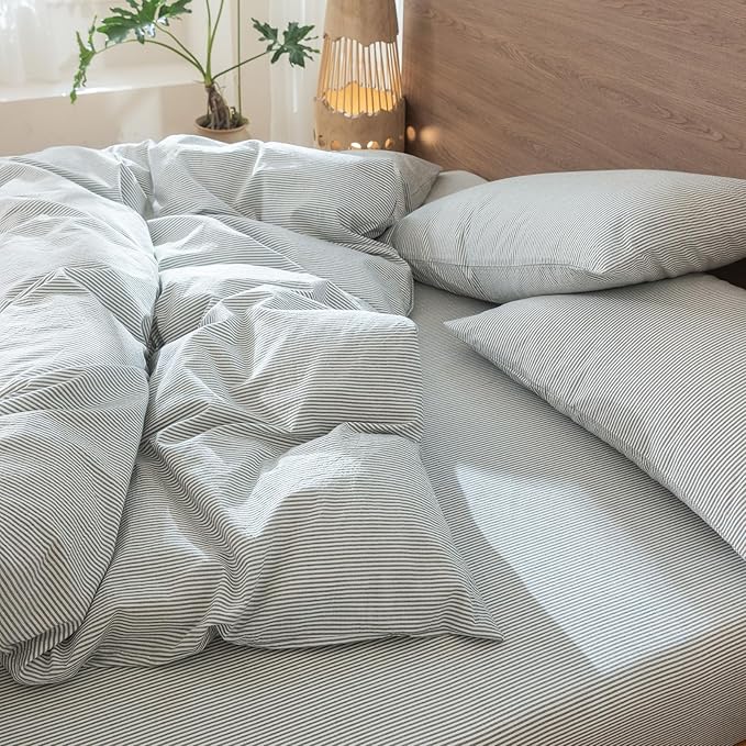 MooMee Striped Duvet Cover Set 100% Washed Cotton Linen Like Textured Breathable Durable Soft Comfy (Heathered Green Pinstripes, Oversized Queen 98"x98")