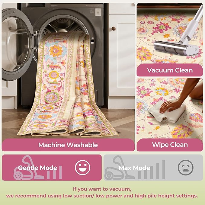 Kokia 8x10 Area Rugs Living Room Washable Non Slip Low Pile Vintage Ivory Pink Stain Resistant Soft Large Oriental Rugs for Bedroom, Dining Room, Kitchen, Indoor Leisure Rooms, Nova Vanillaa