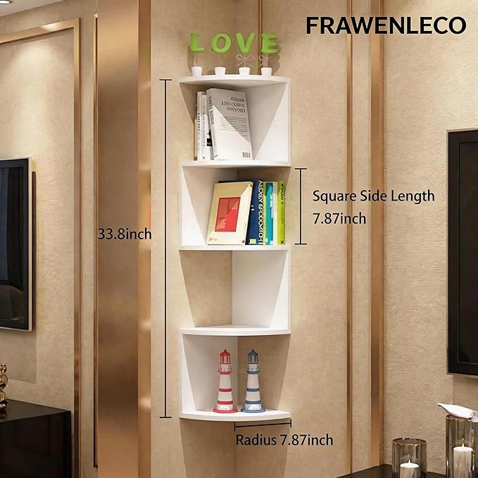 No-Drill Modern Corner Shelf Wall Mount, 5-Tier Floating Storage Rack, Corner Bookshelf with Hooks, Space-Saving Zigzag Plant Shelf for Bedroom, Living Room, Bathroom, Home Office(White)