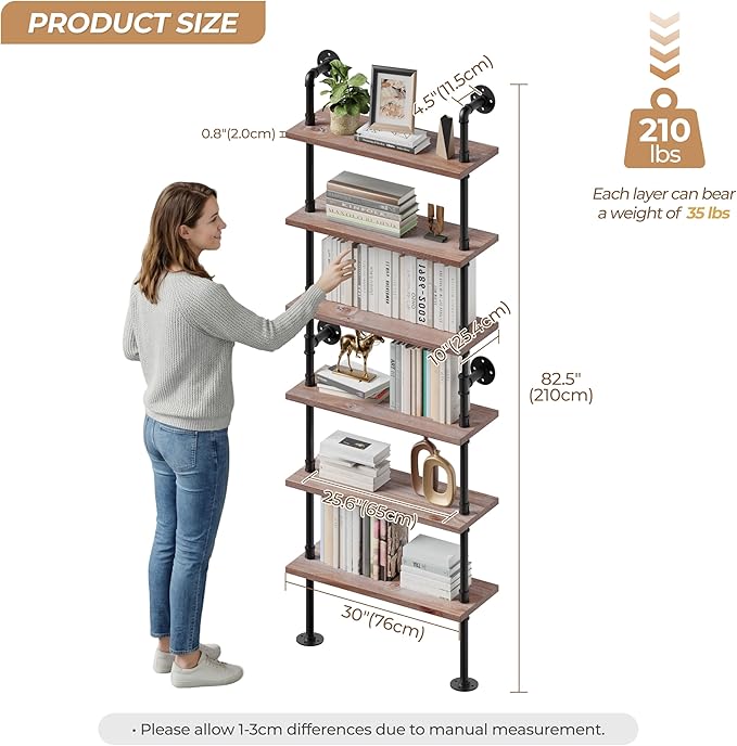 Pipe Industrial Shelves, Wall Mounted Wood Metal Ladder Rustic Bookshelf (Weathered Brown, 6 Tier - 10" D x 30" W x 82.5" H)