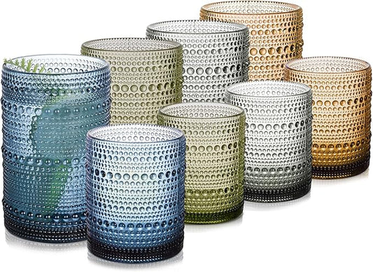 Colored Hobnail Drinking Glasses Set of 8，15 oz Vintage Highball Glassess & 12 oz Cocktail Glasses，Drinkware Kitchen Glasses for Cocktail, Iced Coffee, Beer, Ice Tea, Wine, Whiskey, Water