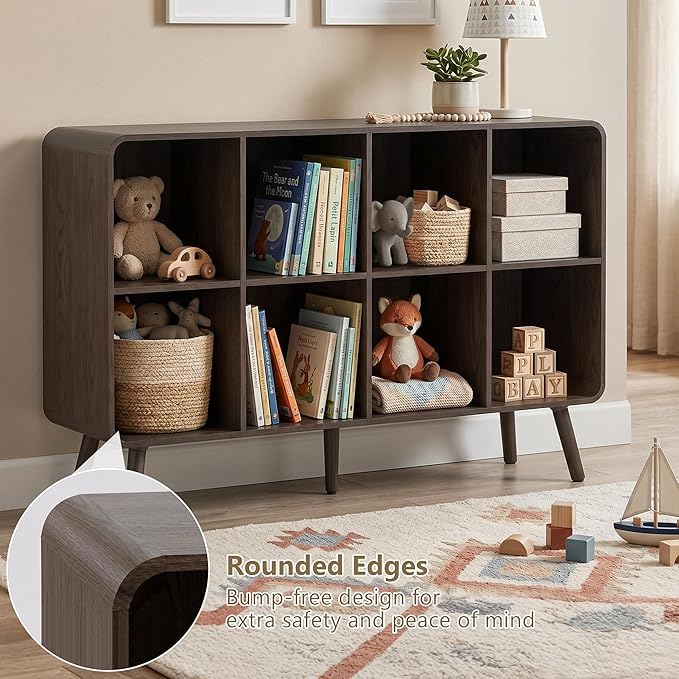 YOSHOOT 8 Cube Bookshelf - 46.5" Wood Cube Bookcase with Legs, Open Cubby Bookshelves with Curved Profile Design for Bedroom, Living Room,Home Office, Walnut