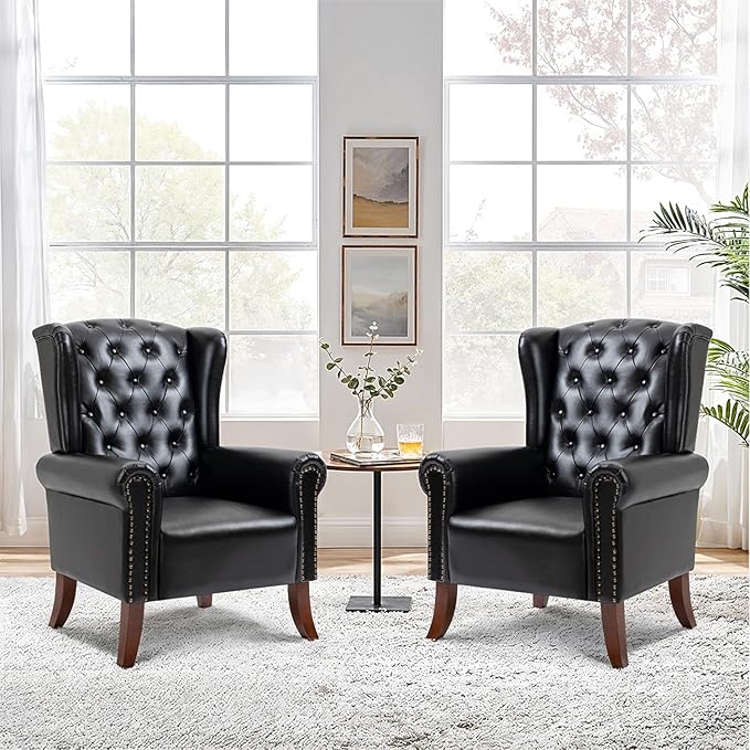 Modern Accent Chair Set of 2, Mid-Century Upholstered Wingback Armchair Club Sofa Chair with Wooden Legs, Living Room Chair for Bedroom, Balcony, Lounge (Blue Check)
