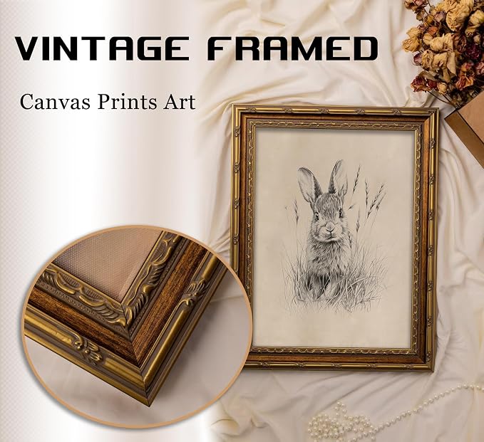 Vintage Gold Framed Easter Bunny Canvas Wall Art Vintage Rabbit Wall Decor Spring Farmhouse Animal Sketch Print Artwork Sketch Rabbit painting Picture for Farmhouse Bedroom Living Room 9X11in