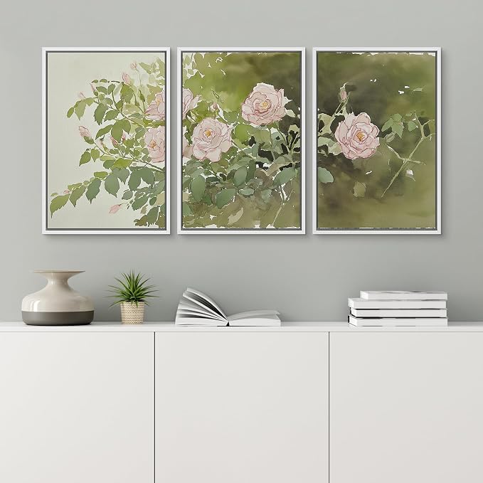 wall26 Framed Print Wall Art Set Blush Pink Rose Garden Botanical Decorative Minimal Relax/Zen for Living Room, Bedroom, Office - 24"x36"x3 White
