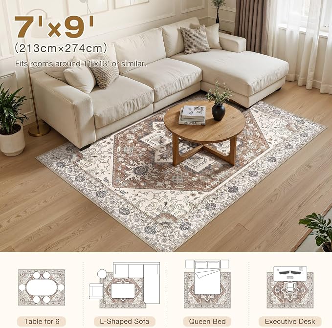 Area Rug 7x9 for Living Room - Washable Oriental Vintage Floral Distressed Large Indoor Carpets with Non Slip Back for Bedroom Dining Room Nursery Office Home Decor -Terracotta/Brown