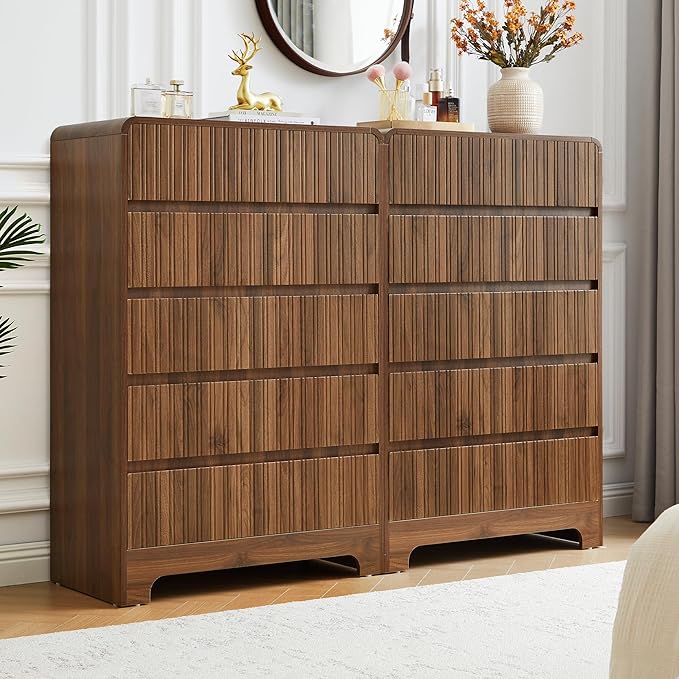 BERRYMERRY 5 Drawer Dresser for Bedroom,Flute 45" Tall Dresser with Curved Profile, Mid Century Modern Vertical Wood Drawer Organizer for Bedroom Living Room