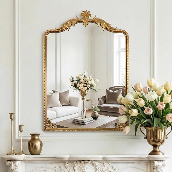 Vintage Gold Arched Mirror 28"x40" - Large French Baroque Ornate Metal Frame Beaded Wall Mirror - Traditional Antique Wall Decor Mirror for Entryway, Fireplace, Living Room,Bedroom