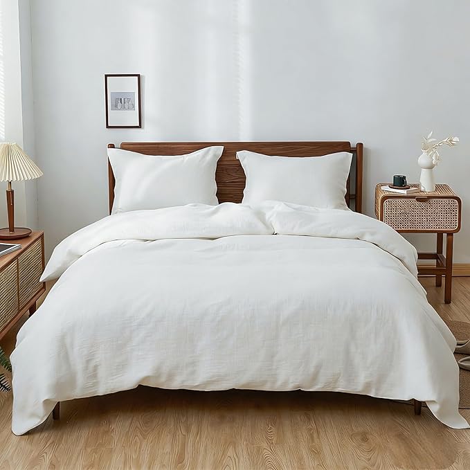 Simple&Opulence 100% Linen Duvet Cover Set, 3 PCS Natural French Flax White Duvet Cover California King Size, Breathable Soft Comfy Linen Bedding Comforter Cover with 2 Pillowcases(White, 104"x98")
