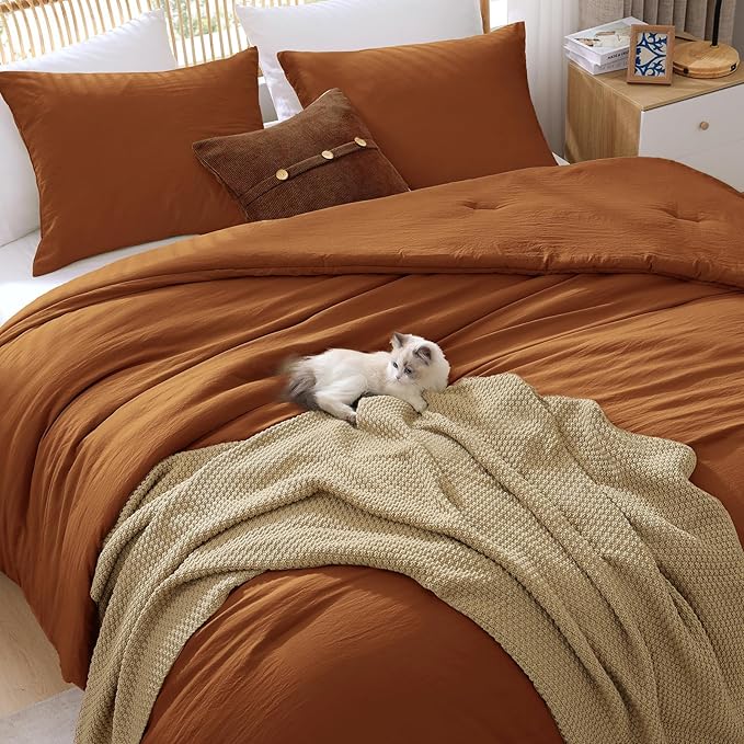WRENSONGE Full Size Comforter Sets - 3 Pieces Prewashed Burnt Orange Comforter Soft Lightweight for All Seasons, Fluffy Down Alternative Comforter Full Size with 2 Pillow Shams