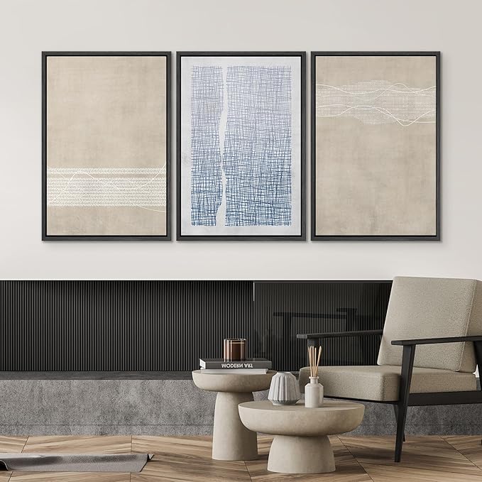 SIGNWIN Framed Canvas Print Wall Art Set Tan Blue Geometric Landscape Abstract Shapes Cozy Neutral Modern Art Decorative Boho Relax/Zen Nordic for Living Room, Bedroom, Office - 16"x24"x3 Black