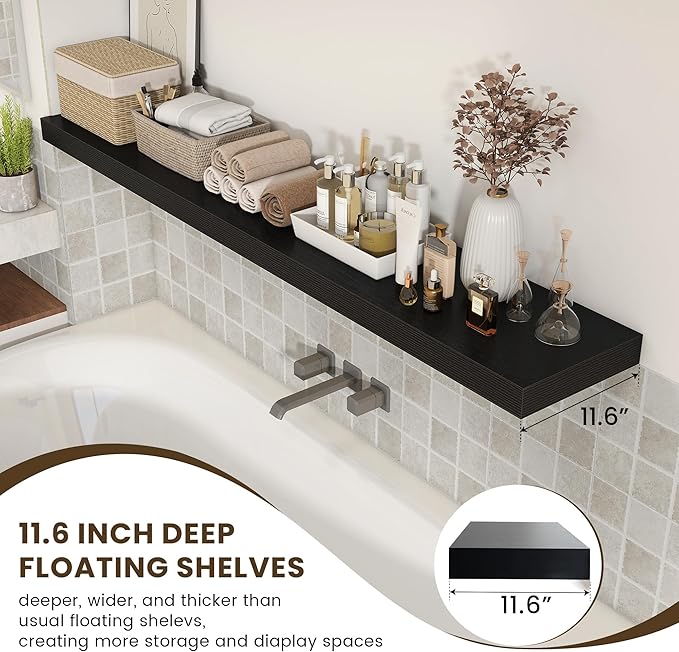 72 Inch Black Floating Shelf | 12 Inch Deep Floating Shelves Set of 1 | 72" D x 12" D Rustic Wood Shelves for Wall | Deep Black Shelves for Living Room Bathroom Laundry Room Kitchen