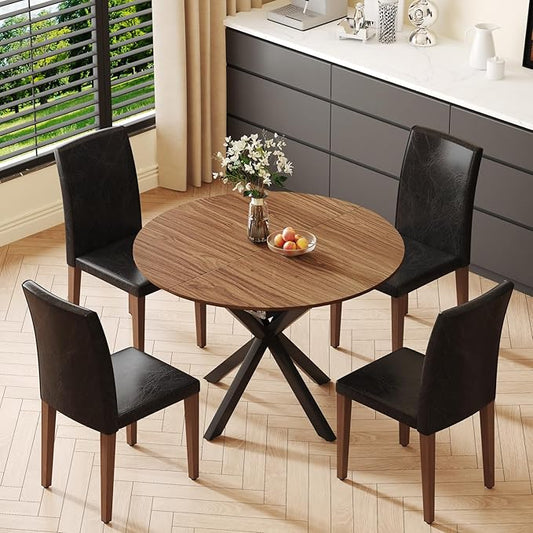 Round Dining Table Set for 4, 43-59" Extendable Dining Room Table Set, Walnut Wood Grain Table and 4 Black PU Leather Upholstered Chairs Set, Mid Century Modern Kitchen Table Set with Cross Legs