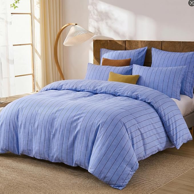 Merryword Blue Striped Duvet Cover Set Queen Size, 100% Cotton Denim Blue Bedding Set with Zipper Closure & 8 Corner Ties, Luxury Linen Like Bedding, Soft Breathable Comforter Cover for All Seasons