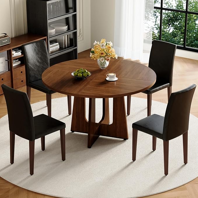 47" Round Dining Table Set for 4, Walnut Wood Grain Table and 4 Black PU Leather Upholstered Chairs Set, Mid Century Modern Kitchen Table Set with Cross Legs