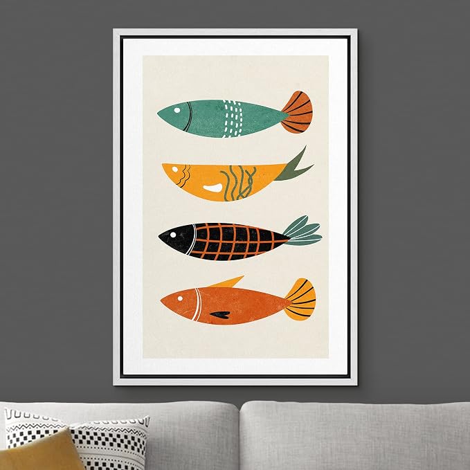 Woodrose Framed Canvas Print Wall Art Mid-Century Pattern Ocean Fish Animals Shapes Illustrations Modern Minimalist Chic Relax/Calm Multicolor for Living Room, Bedroom, Office - 24"x36" White