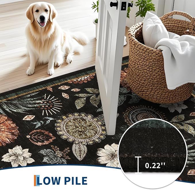 4x6 Washable Small Area Rug for Living Room Boho Floral Soft Black Bedroom Rug Non Slip Office Rugs Low Pile Kitchen Small Carpet Stain Resistant Throw Rug for Bedside Kids Room Dining Room, Black