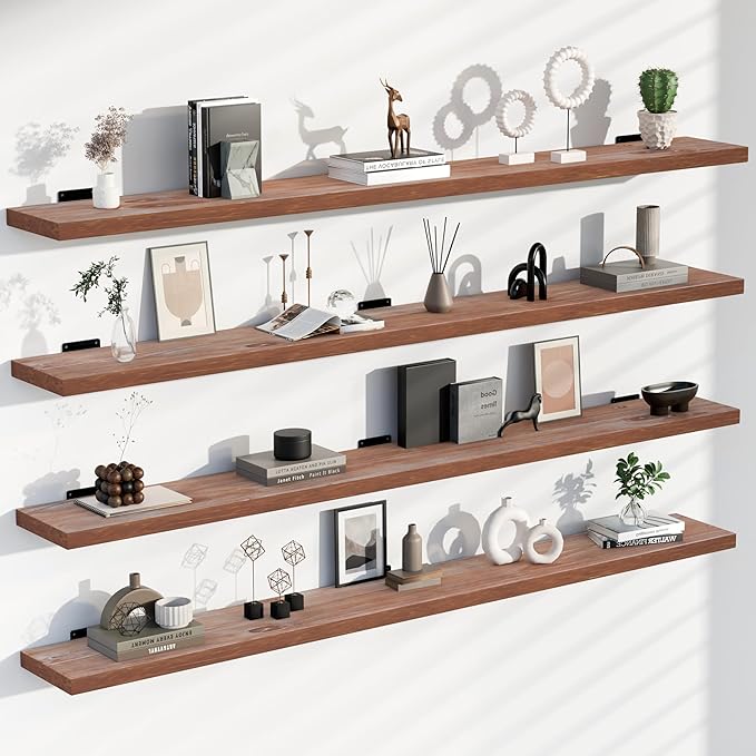 Rustic Wood Floating Shelves Set of 4, 60 Inches Wood Rustic Farmhouse Wall Shelves, Easy-to-Install Hanging Shelves for Living Room, Kitchen, and Bathroom, 150bs Capacity