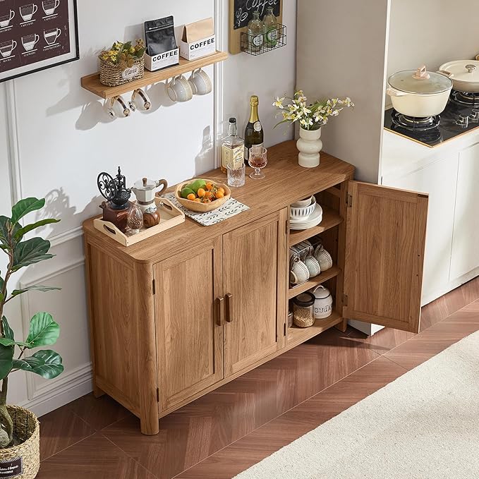 Sideboard Buffet Cabinet with Storage, 46" Arc-Shaped Credenza with 3 Doors & Adjustable Shelves, Mid Century Modern Coffee Bar Cabinet for Kitchen, Living Room, Entryway, Darkwood