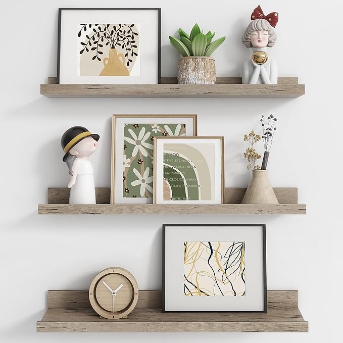 Axeman Picture Ledge Shelf | 24 Inch Grey Floating Shelves Set of 3 | Rustic Grey Wall Shelves with Lip | 24" Picture Shelf for Wall with Ledge | Photo Shelves
