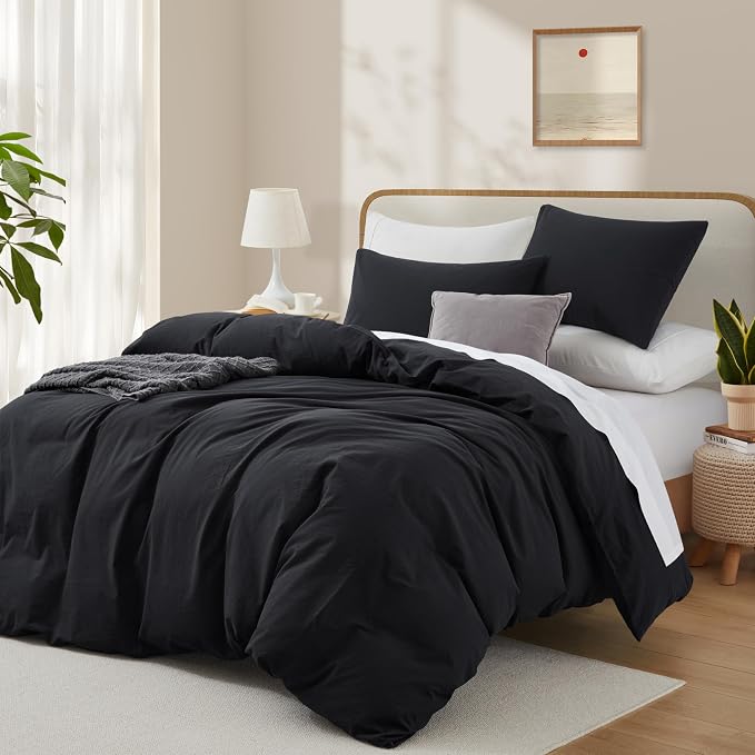 LOVQUE 100% Washed Cotton Duvet Cover Set King Size, Linen Like Natural Bedding Set with Zipper Closure (No Comforter), 104x90 Inches, Black