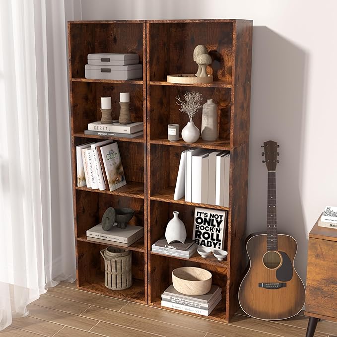 Wooden 5 Cube Storage Organizer, Vintage Brown 5 Tier Bookcase Bookshelf Freestanding Storage Display Organizer,Versatile Cubes Shelf and Cubby Unit for Living Room, Home Office, Dinning Room 15.7inch