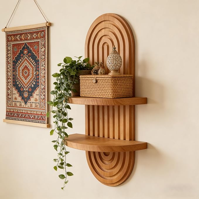 Vintage Arch Plants Wall Shelf Boho Wall Decor 2-Tier Wood Floating Shelves, 16.7"X 9" Modern Wall Mounted Display Shelves, for Home, Living Room, Bedroom, Office Decor (Brown-1pcs)