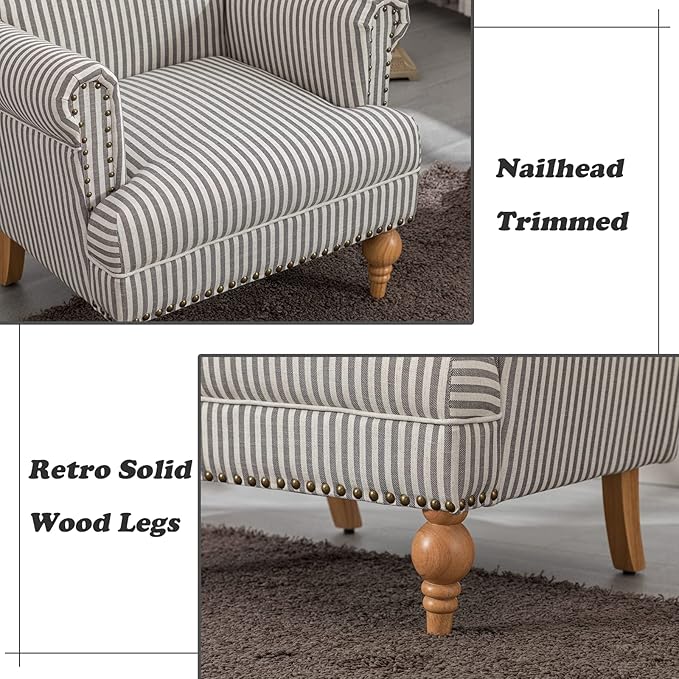 Linen Accent Chair Mid-Century Modern Living Room Armchair with Nailhead Trim & Wood Legs Comfy Upholstered Single Sofa Chair for Lounge/Bedroom/Reception, Black Stripe