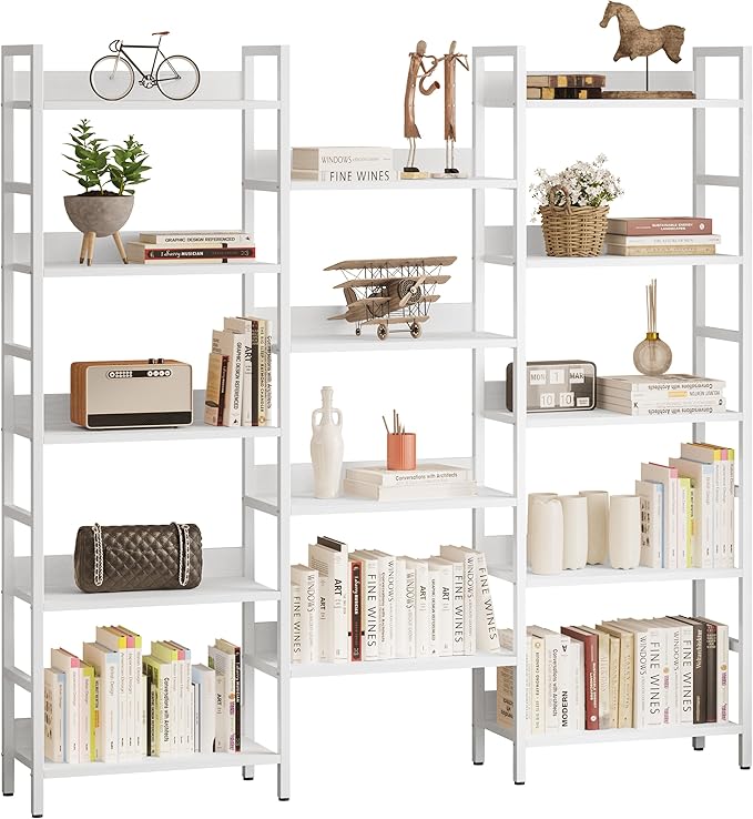 IRONCK Bookcases and Bookshelves Triple Wide 5 Tiers Industrial Bookshelf with Baffles Large Etagere Bookshelf with Metal Frame for Living Room Home Office