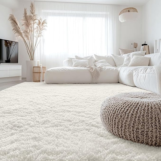 OLANLY 8x8 Machine Washable Large Area Rugs for Living Room, Bedroom, Soft Fluffy Shaggy Bedside Rug, Indoor Floor Carpet for Kids Girls and Boys, Dorms, Nursery, Home Decor Aesthetic, Ivory