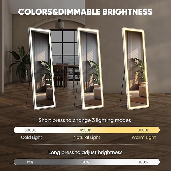 OLIXIS 16"x 60" LED Full Length Mirror with Lights, Standing Lighted Floor Full Body Mirror with 3 Color Lighting, Wall Mounted Mirrors for Bedroom, Bathroom, Entryway with Tempered Glass