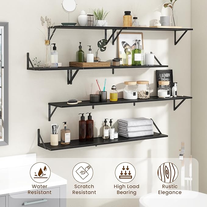 55" Long Wall Mounted Floating Shelves,8 inch Deep Floating Shelf with Metal Brackets Set of 2,Easy-to-Install Wall Decor Storage Ledges for Living Room,Bathroom,Bedroom,Kitchen,Office,Black